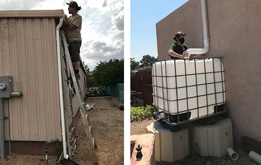 UNM Intern Brian Boney installing the rain barrel provided by The Nature Conservancy NM